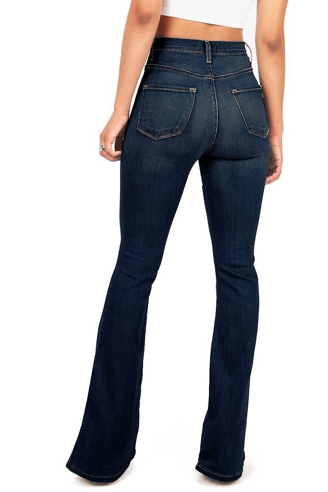 Vibrant Women's Juniors Bell Bottom High Waist Fitted Denim Jeans,Super Dark Denim,9 - Image 3