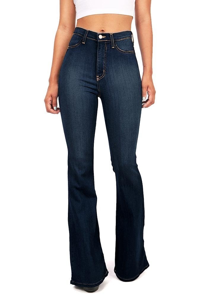 Vibrant Women's Juniors Bell Bottom High Waist Fitted Denim Jeans,Super Dark Denim,9 - Image 1
