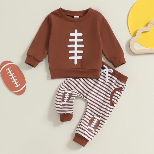 allshope Baby Boy Fall Clothes Set Long Sleeve Football Print Sweatshirt Pants Toddler Infant Outfits 6 12 18 24 Months 2T (Brown, 18-24 Months) - Image 2