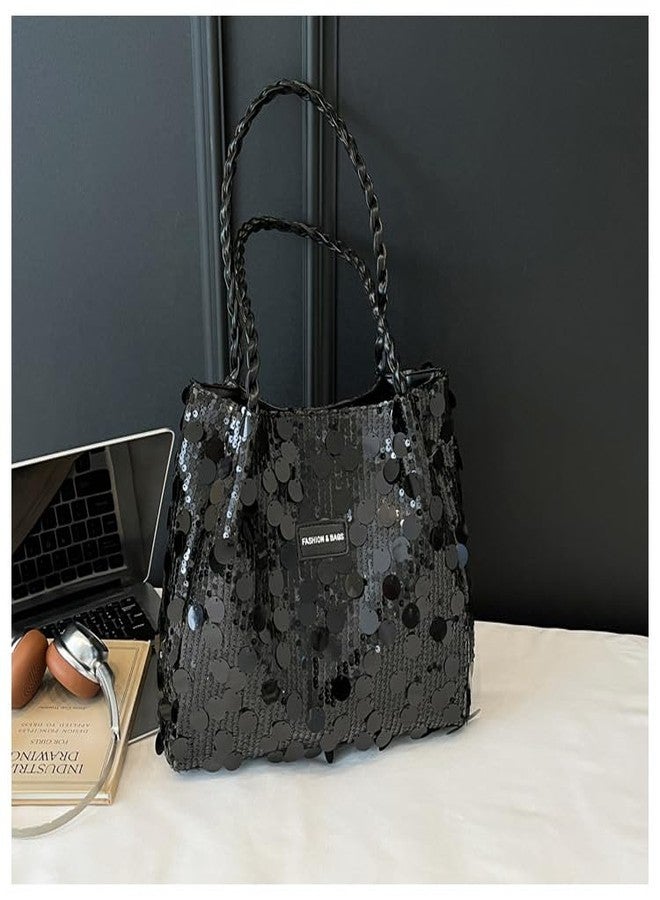 DOSYSO Korean Sequin Hobo Shoulder Hand Bags For Women Stylish Latest Glitter Party Evening Handbags Big Size Tote Bag Fancy Wedding Ladies Purse Braided Handle Sling Side bag Gift For Girls (Black) - Image 4