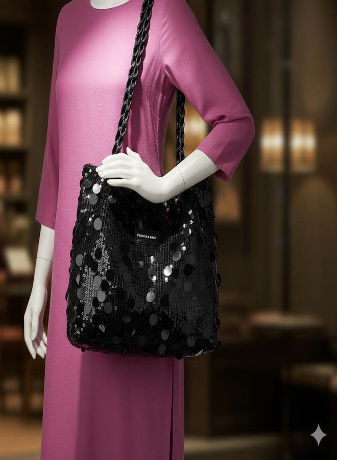 DOSYSO Korean Sequin Hobo Shoulder Hand Bags For Women Stylish Latest Glitter Party Evening Handbags Big Size Tote Bag Fancy Wedding Ladies Purse Braided Handle Sling Side bag Gift For Girls (Black) - Image 3