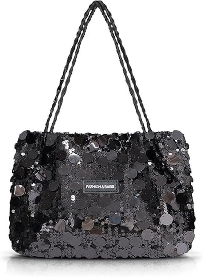 DOSYSO Korean Sequin Hobo Shoulder Hand Bags For Women Stylish Latest Glitter Party Evening Handbags Big Size Tote Bag Fancy Wedding Ladies Purse Braided Handle Sling Side bag Gift For Girls (Black) - Image 1