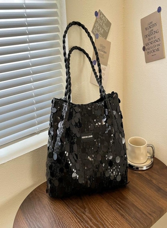 DOSYSO Korean Sequin Hobo Shoulder Hand Bags For Women Stylish Latest Glitter Party Evening Handbags Big Size Tote Bag Fancy Wedding Ladies Purse Braided Handle Sling Side bag Gift For Girls (Black) - Image 2