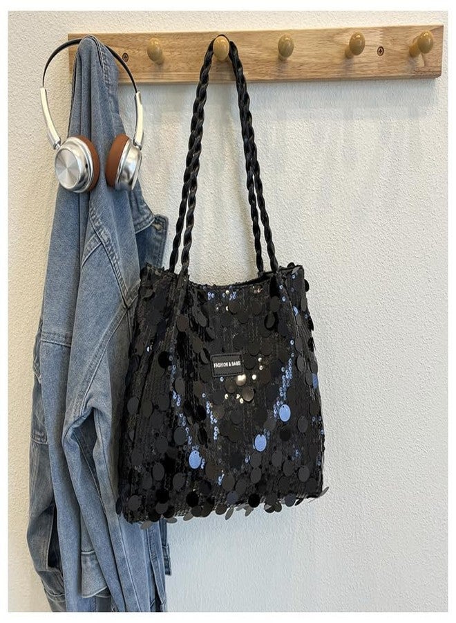 DOSYSO Korean Sequin Hobo Shoulder Hand Bags For Women Stylish Latest Glitter Party Evening Handbags Big Size Tote Bag Fancy Wedding Ladies Purse Braided Handle Sling Side bag Gift For Girls (Black) - Image 5