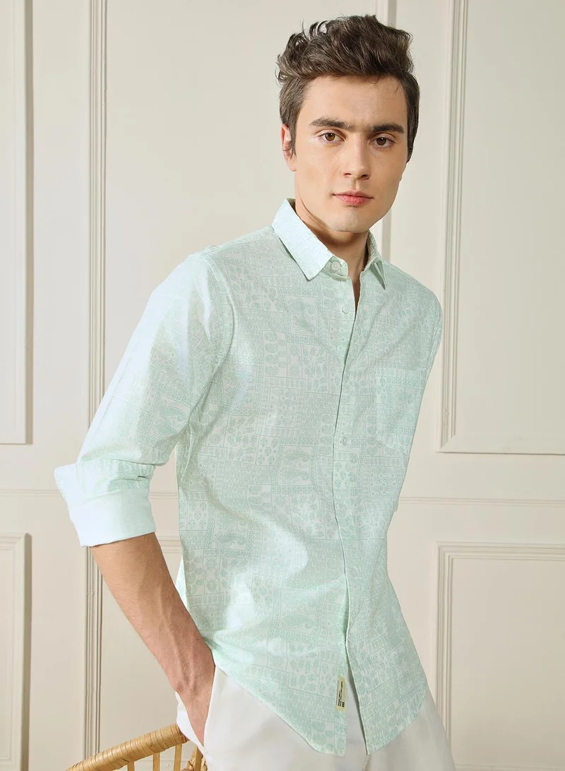 Dennis Lingo Men's Green Slub Print Striped Regular FiT-Shirt
