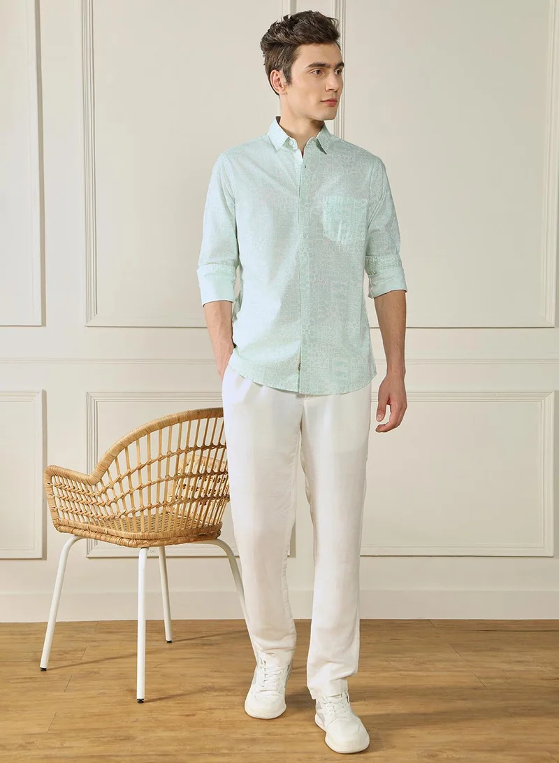 Dennis Lingo Men's Green Slub Print Striped Regular FiT-Shirt