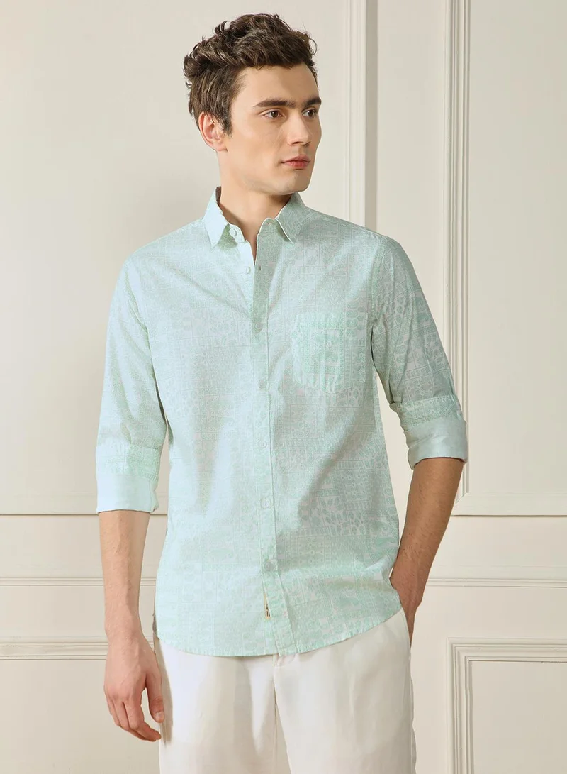 Dennis Lingo Men's Green Slub Print Striped Regular FiT-Shirt