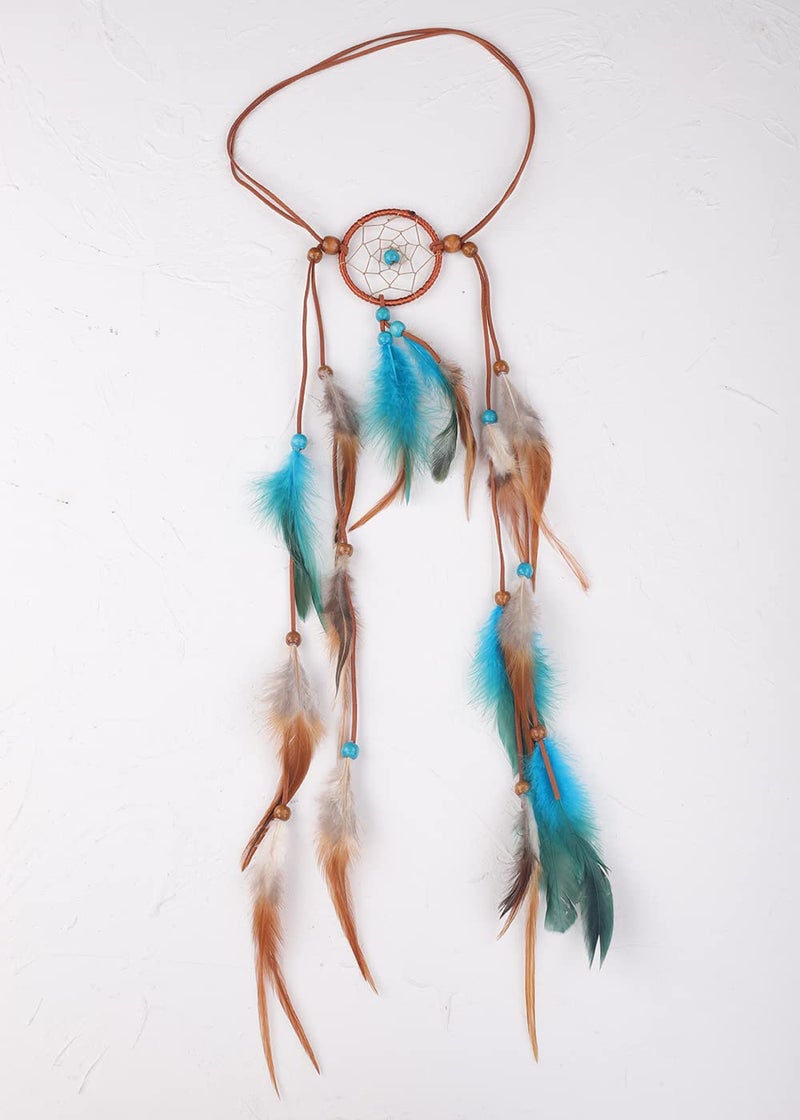 Jumwrit Bohemian Dreamcatcher Feather Headband Indian Headpiece with Blue and Brown Feather Tassel Elastic Band Beaded Hairband Hippie Costume Accessories for Women - Image 4