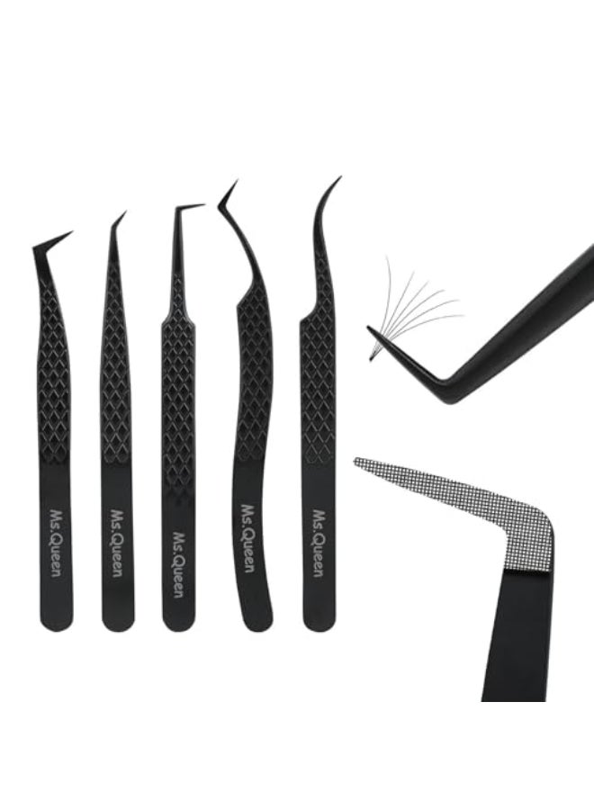Ms.Queen MsQueen Lash Tweezers for Eyelash ExtensionsSet of 5Fiber Tip Curved 45 90 Degree and LShape Boot Lash Tweezers for Mega Volume Classic LashesBlack - Image 1
