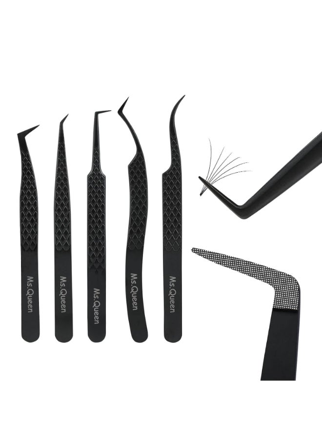 Ms.Queen MsQueen Lash Tweezers for Eyelash ExtensionsSet of 5Fiber Tip Curved 45 90 Degree and LShape Boot Lash Tweezers for Mega Volume Classic LashesBlack - Image 2