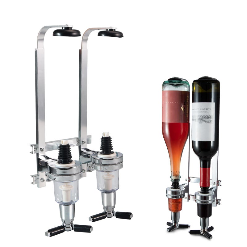 MUGLIO 2 Bottle Wall Mounted Liquor Dispenser Bar Butler Bracket Solo Optic Spirit Wine Beer Alcohol Bottle Beverage Stand Revolving Nozzle Drinkware Set 