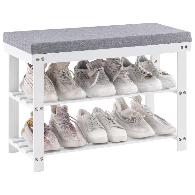 Apicizon 3Tier Shoe Rack for Entryway Bamboo Shoe Bench with Cushion Padded Seat Small Shoe Organizer with Storage for Indoor Entrance Hallway Bedroom Living Room White