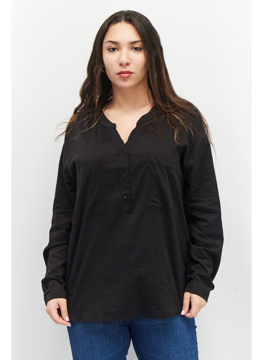 EDC Women Split Neck Long Sleeve Plain Top, Black  - Image 1