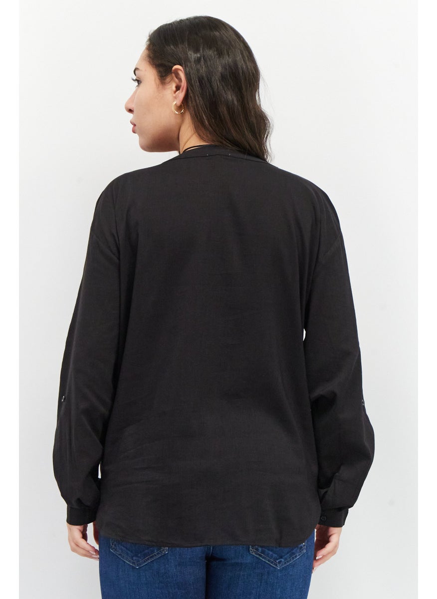 EDC Women Split Neck Long Sleeve Plain Top, Black  - Image 4