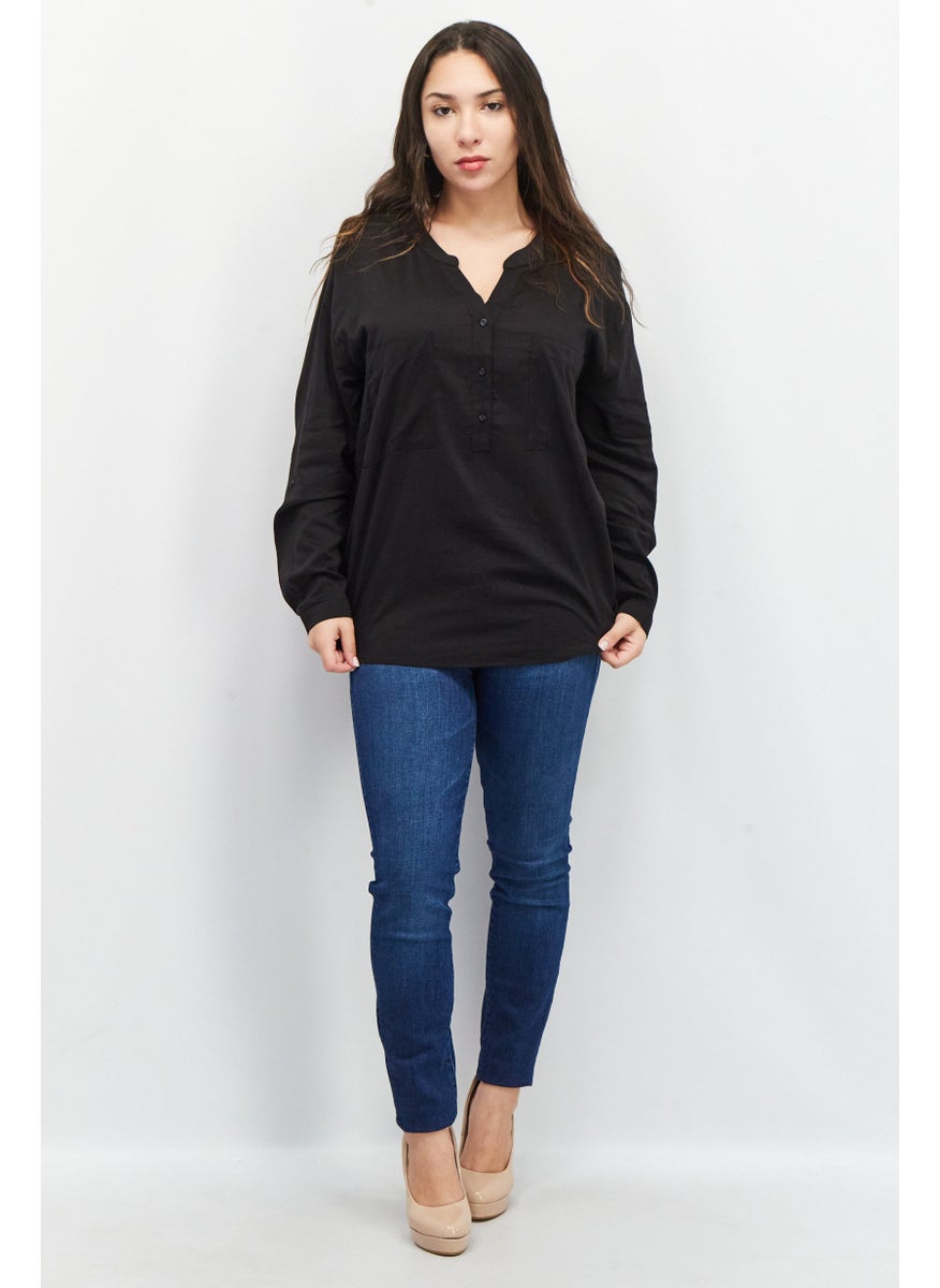EDC Women Split Neck Long Sleeve Plain Top, Black  - Image 3