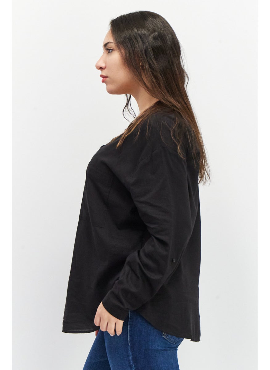 EDC Women Split Neck Long Sleeve Plain Top, Black  - Image 2