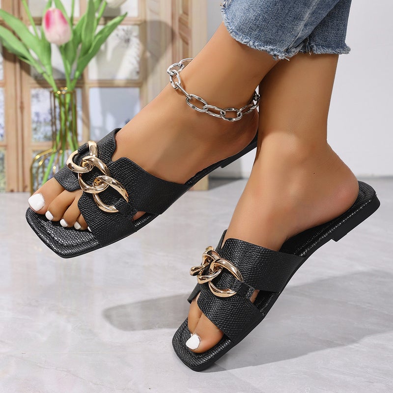 New Summer Flat Sandals For , One-Strap Style, Large Size Women'S Lightweight Fashion Chain Square-Toe Casual Slippers - Image 4