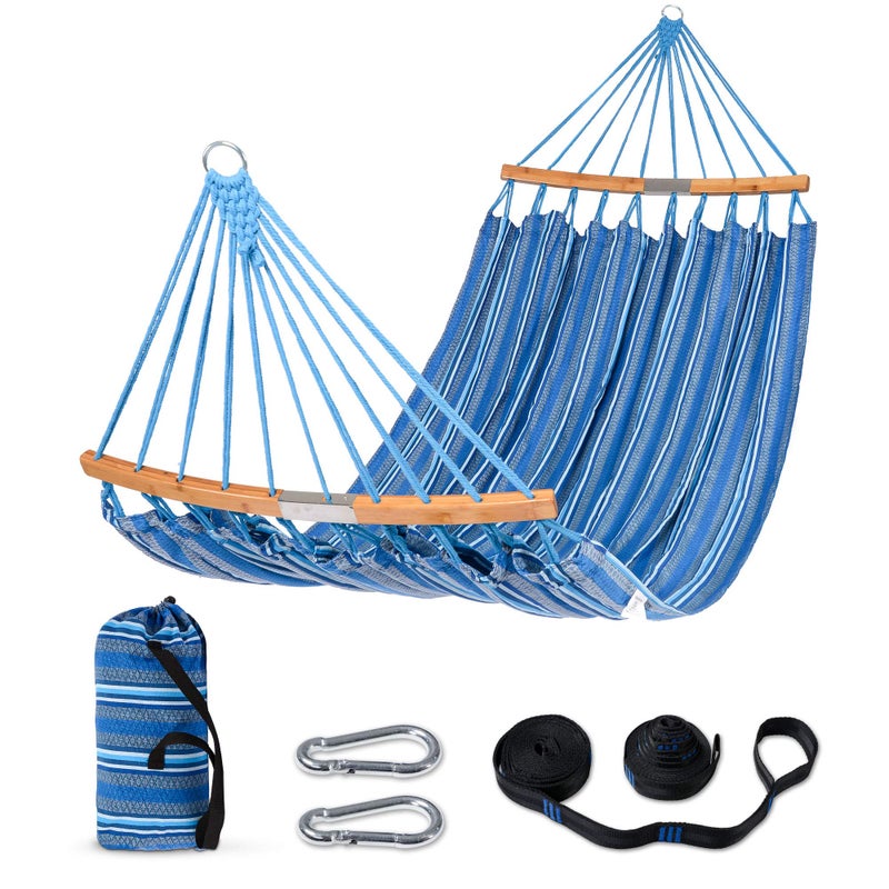 SUNCREAT Hammocks Double Hammock with Curved Spreader Bar Outdoor Portable Hammock with Carrying Bag  Tree Straps for Bedroom Patio Backyard Balcony Max 450lbs Capacity Blue