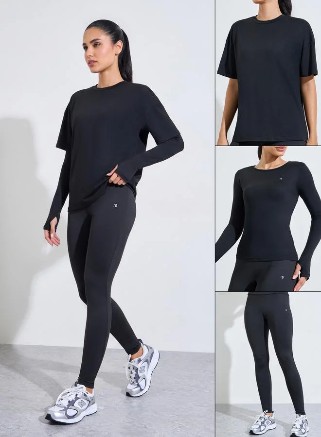 Pack Of 3 - Black Solid Long Sleeve Top, Short Sleeve T-Shirt And Leggings