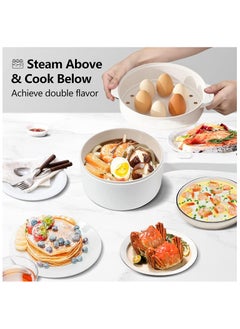 TOMSHOO 1.8L Electric Hot Pot with Steamer & Temperature Control - Non-Stick Electric Cooker Shabu Shabu, Electric Skillet,Frying Pan,Electric Saucepan,for Noodles, Egg, Steak, Sauté, Steam and Soup (1.8 L)  - Image 5