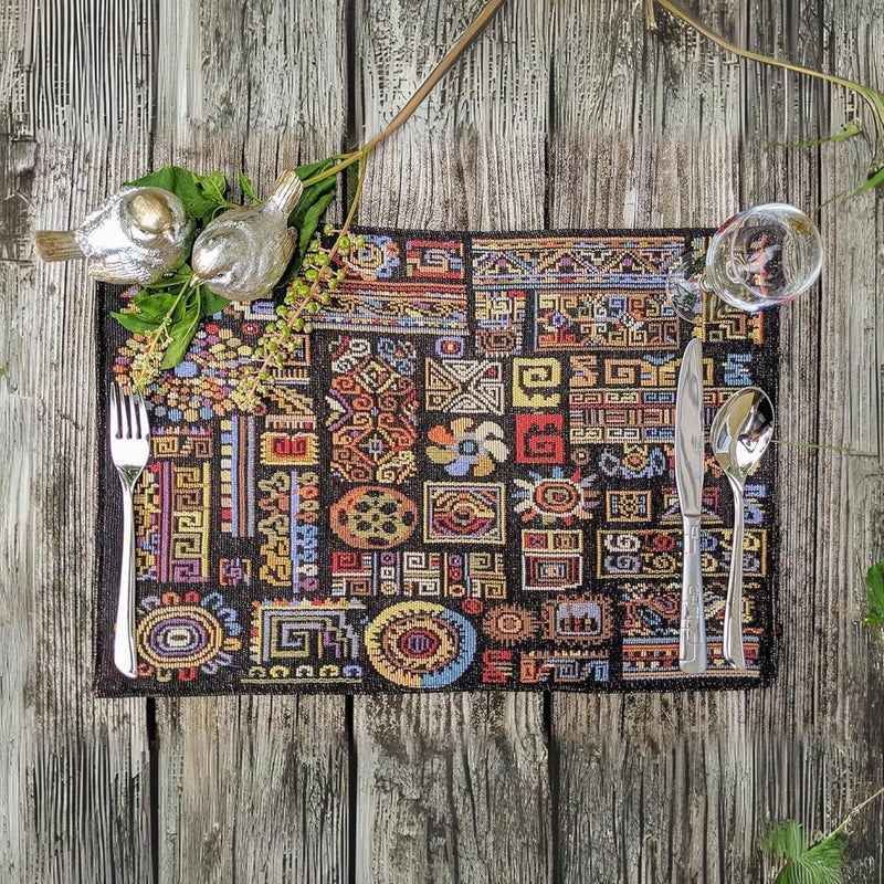 DaDa Bedding Bohemian Ethnic Ornaments Tapestry Placemats  Set of 4Pieces Greek Ethnic Calligraphy Geometric Colorful Dark Black Design  Decorative Cotton Woven Kitchen Dining Mats  13 x 19 - Image 4