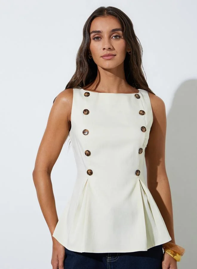 Styli Beige Button Details Sleeveless Peplum Blouse