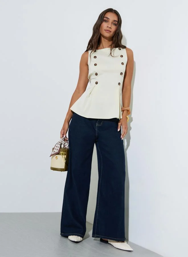 Styli Beige Button Details Sleeveless Peplum Blouse