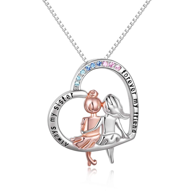 AOBOCO Sisters Necklace for Women Sterling Silver Heart Necklace Pendant Forever My Friend Female Friendship Jewelry Birthday Christmas Holiday Graduation Gift (Always My Sister, Forever My Friend) - Image 1