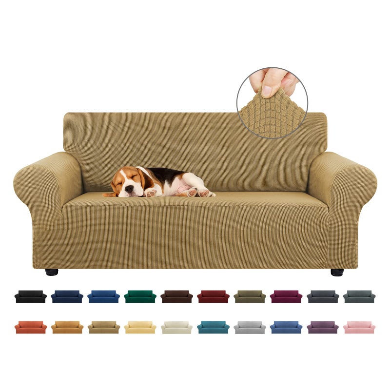 KEKUOU Stretch Loveseat Sofa Cover SlipcoverCouch Covers for 2 Cushion Couch Sofa 5579 Furniture Protector Sofa with Elastic Bottom for KidsDog Jacquard Small Checked MediumTan