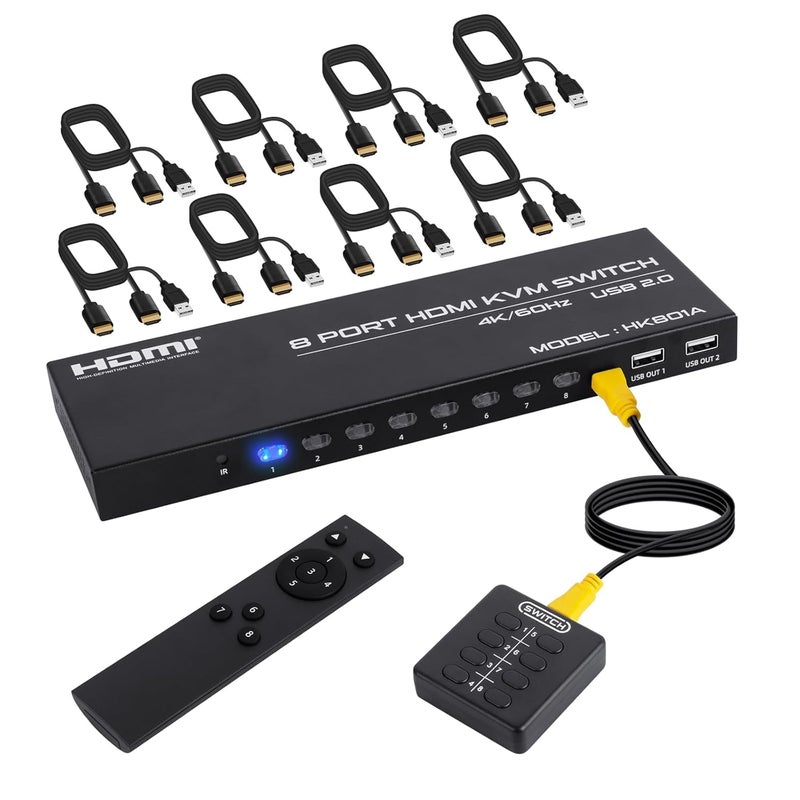 Microware مفتاح KVM HDMI 8 منافذ، مفتاح KVM HDMI 4K@60Hz ل8 أجهزة كمبيوتر لمشاركة شاشة HD واحدة و4 أجهزة USB، بما في ذلك 8 كابلات وجهاز تحكم عن بعد - Image 1