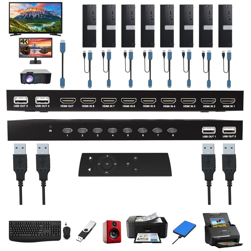 Microware مفتاح KVM HDMI 8 منافذ، مفتاح KVM HDMI 4K@60Hz ل8 أجهزة كمبيوتر لمشاركة شاشة HD واحدة و4 أجهزة USB، بما في ذلك 8 كابلات وجهاز تحكم عن بعد - Image 3