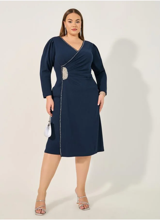 ستايلي Styli Plus Size Embellished Wrap Look Sheath Midi Dress