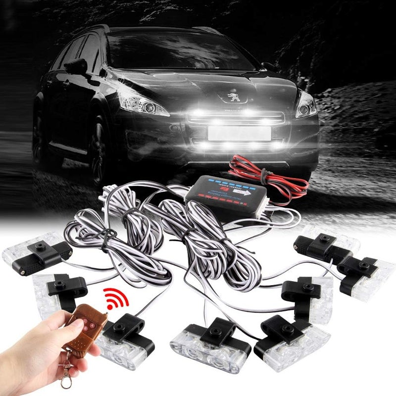 أضواء وميض شبكية 16LED بيضاء للوحة القيادة وحاجب الشمس، أضواء فلاش شرطة للسيارة والشاحنة وسيارة الإسعاف، تحذير طارئ مع جهاز تحكم عن بعد لاسلكي 12V - Image 1