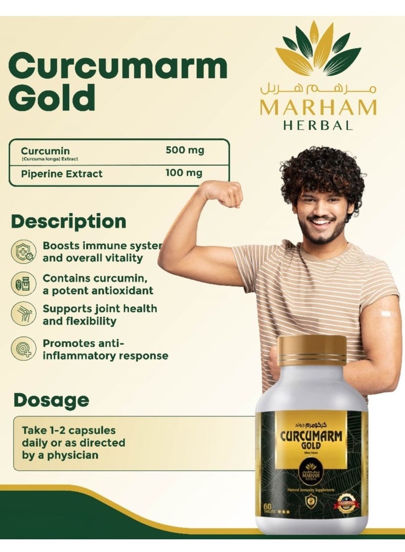 MARHAM HERBAL Curcumarm Gold 500mg Tablet: Natural Immunity Supplements with 500mg Curcumin and 100mg Piperine - Boost Your Wellbeing and Immune System Naturally (60 tablets) - Image 2