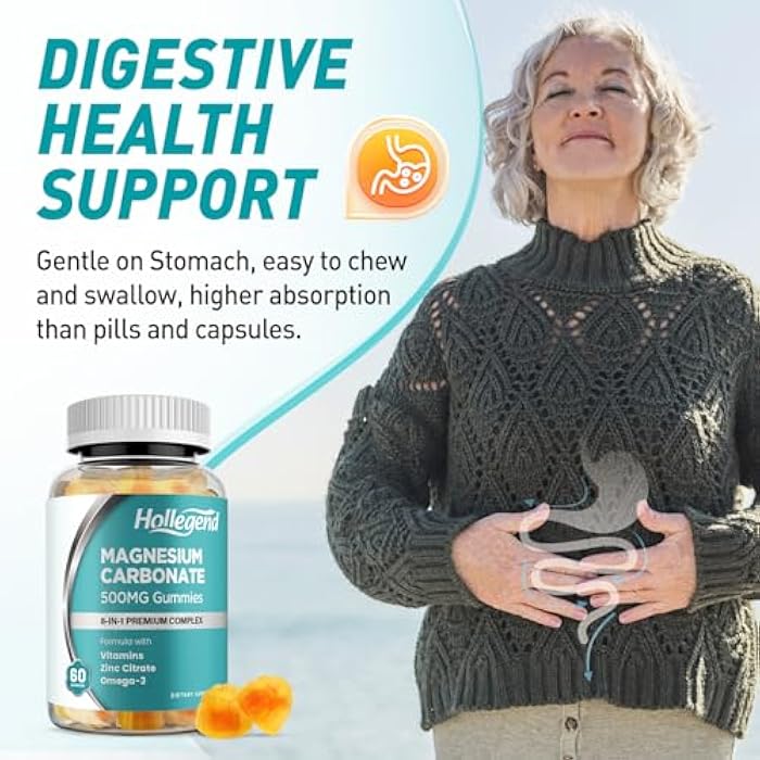 Hollegend Magnesium Carbonate Gummies, Magnesium Carbonate Complex 500mg Supplement with D3 & K2 for Women & Men, with Zinc, Vitamin C, B6 & B12, Muscle & Digestive Support, Mango Flavor, Sugar Free, 60 Ct - Image 5