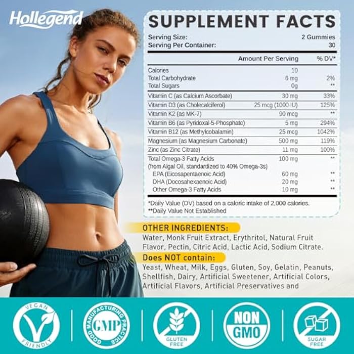 Hollegend Magnesium Carbonate Gummies, Magnesium Carbonate Complex 500mg Supplement with D3 & K2 for Women & Men, with Zinc, Vitamin C, B6 & B12, Muscle & Digestive Support, Mango Flavor, Sugar Free, 60 Ct - Image 2