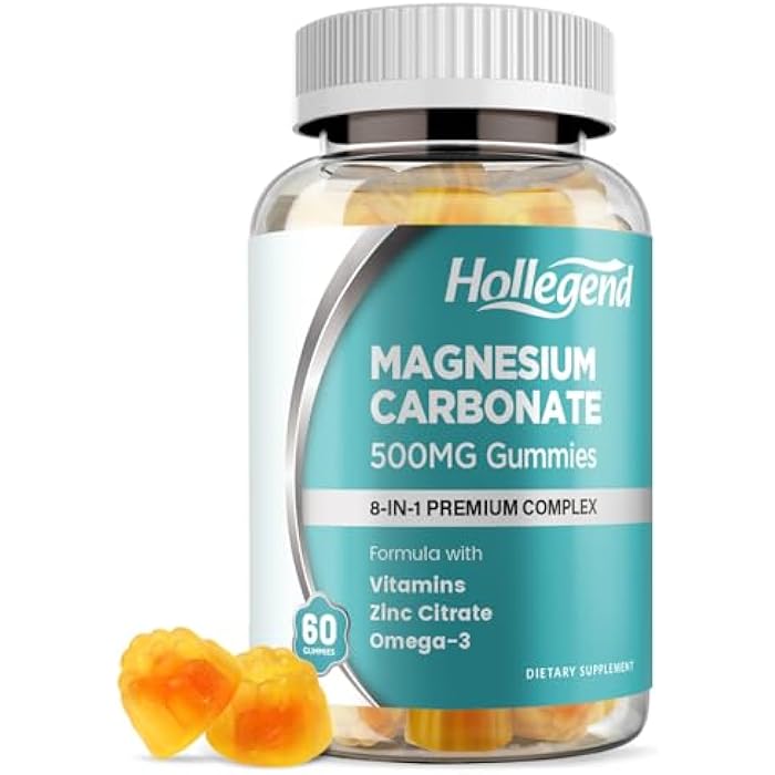 Hollegend Magnesium Carbonate Gummies, Magnesium Carbonate Complex 500mg Supplement with D3 & K2 for Women & Men, with Zinc, Vitamin C, B6 & B12, Muscle & Digestive Support, Mango Flavor, Sugar Free, 60 Ct - Image 1