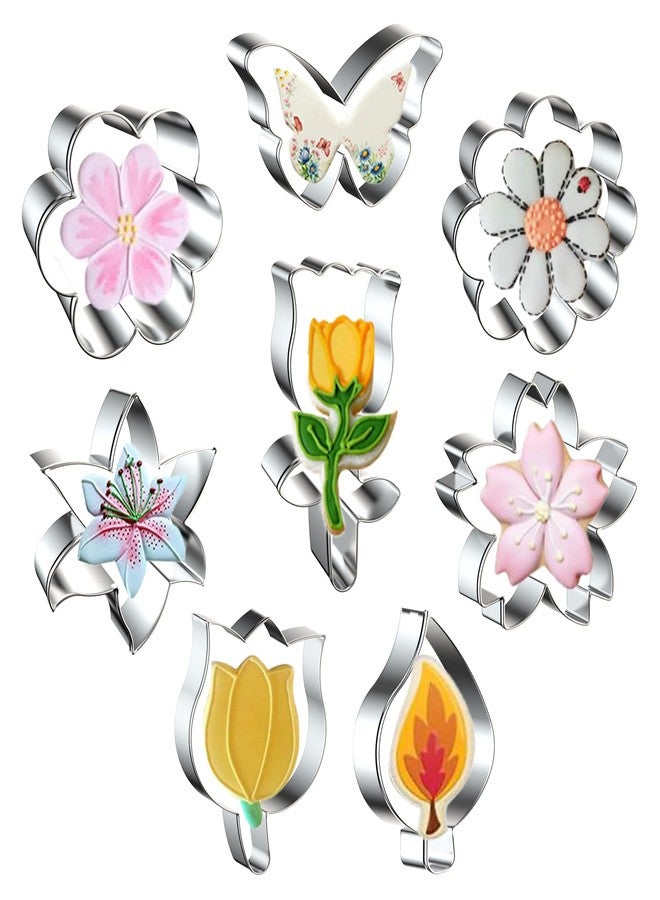 azflyife Flower Cookie Cutter Set - Rose, Tulip, Cherry Blossom, Lily, Daisy, Butterfly, Flower, Leaf - 8 Pcs Spring Summer Flowers Stainless Steel Biscuit Fondant Mold Cookie Cutters Shapes for Baking - Image 1