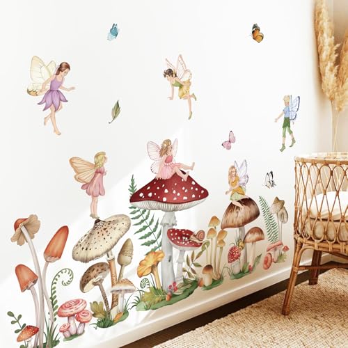 wondever Woodland Mushroom Wall Decals Fairy Butterfly Forest Peel and Stick Wall Art Stickers for Girls Bedroom Baby Nursery Living Room - Image 3