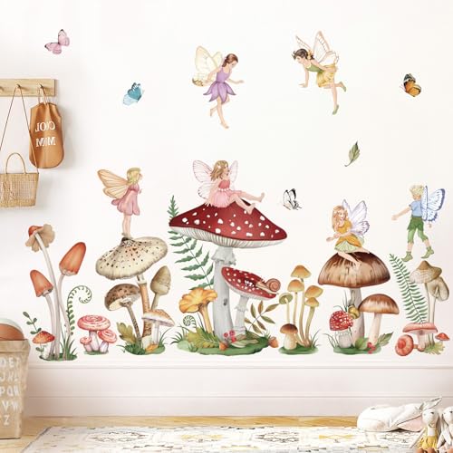 wondever Woodland Mushroom Wall Decals Fairy Butterfly Forest Peel and Stick Wall Art Stickers for Girls Bedroom Baby Nursery Living Room - Image 1