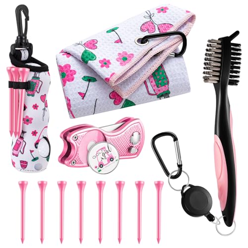Liliful 13 Pcs Pink Golf Accessories Kit with Cute Pattern Include Golf Ball Bag with Hook Towel Tees Magnetic Ball Marker Divot Tool Cleaner Brush for Women Girls Gifts - Image 1