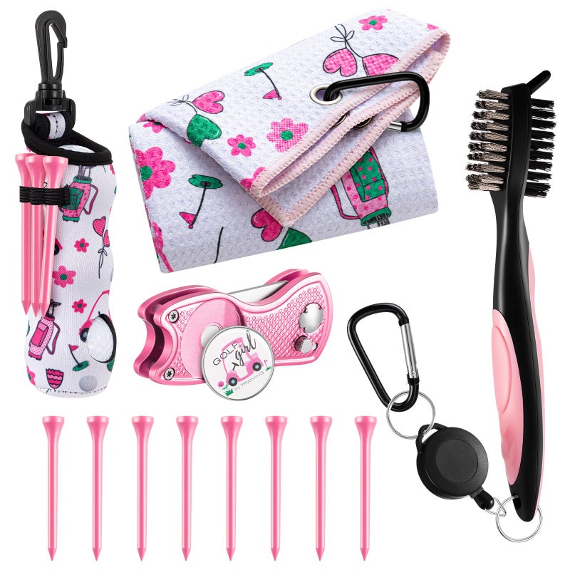Liliful 13 Pcs Pink Golf Accessories Kit with Cute Pattern Include Golf Ball Bag with Hook Towel Tees Magnetic Ball Marker Divot Tool Cleaner Brush for Women Girls Gifts - Image 2