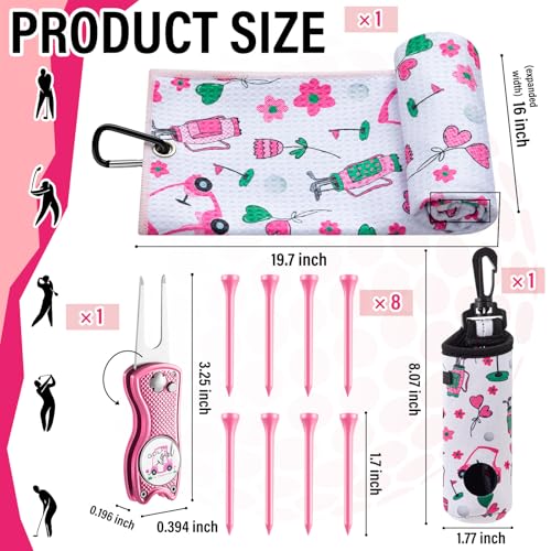 Liliful 13 Pcs Pink Golf Accessories Kit with Cute Pattern Include Golf Ball Bag with Hook Towel Tees Magnetic Ball Marker Divot Tool Cleaner Brush for Women Girls Gifts - Image 3