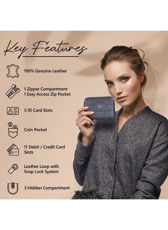 HAMMONDS FLYCATCHER Wallet for Women - Leather Ladies Wallet - Grey - 14 Card Slots - RFID Protection - 3 ID Card Slots - Women's Wallet - Button Closure -Hand Wallet - Daily Use, Money Purse | TB2M