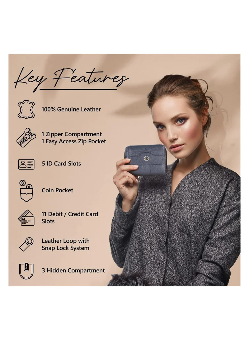 HAMMONDS FLYCATCHER Wallet for Women - Leather Ladies Wallet - Grey - 14 Card Slots - RFID Protection - 3 ID Card Slots - Women's Wallet - Button Closure -Hand Wallet - Daily Use, Money Purse | TB2M