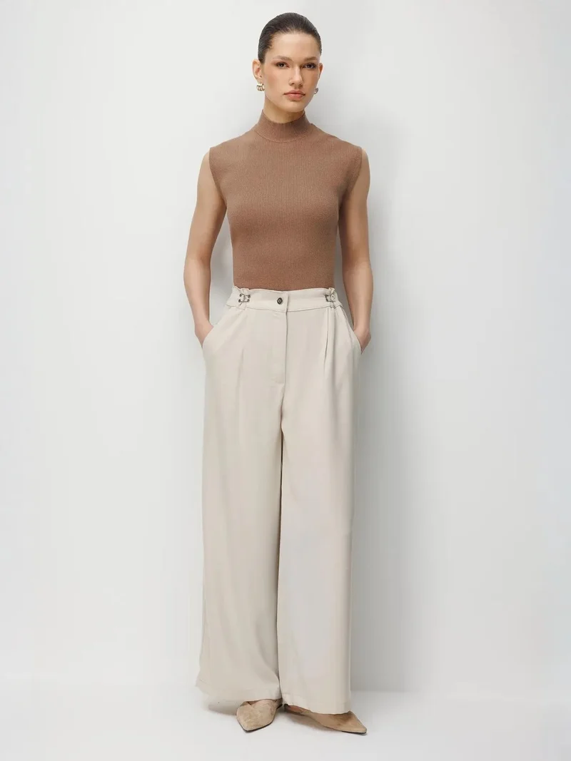 ميكسراي MIXRAY High Waist Wide Leg Pants with Accessory Detail
