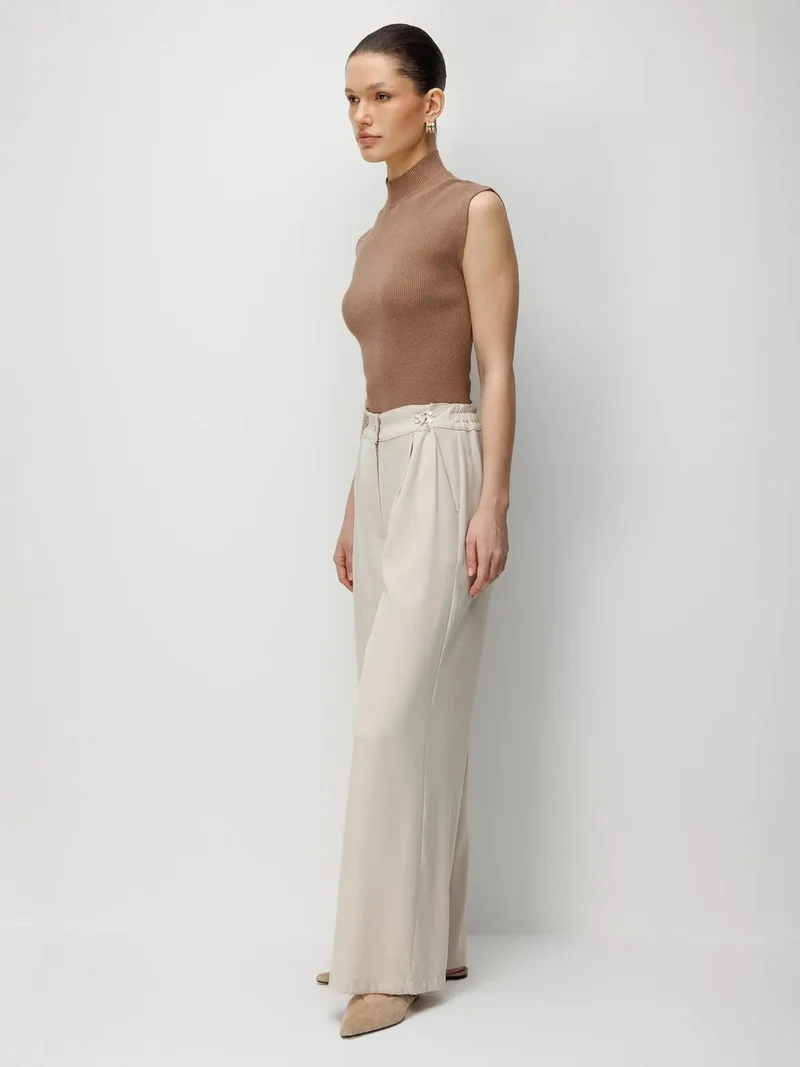 MixRay Stone Natural MIXRAY High Waist Wide Leg Pants with Accessory Detail for Women | Best Price UAE