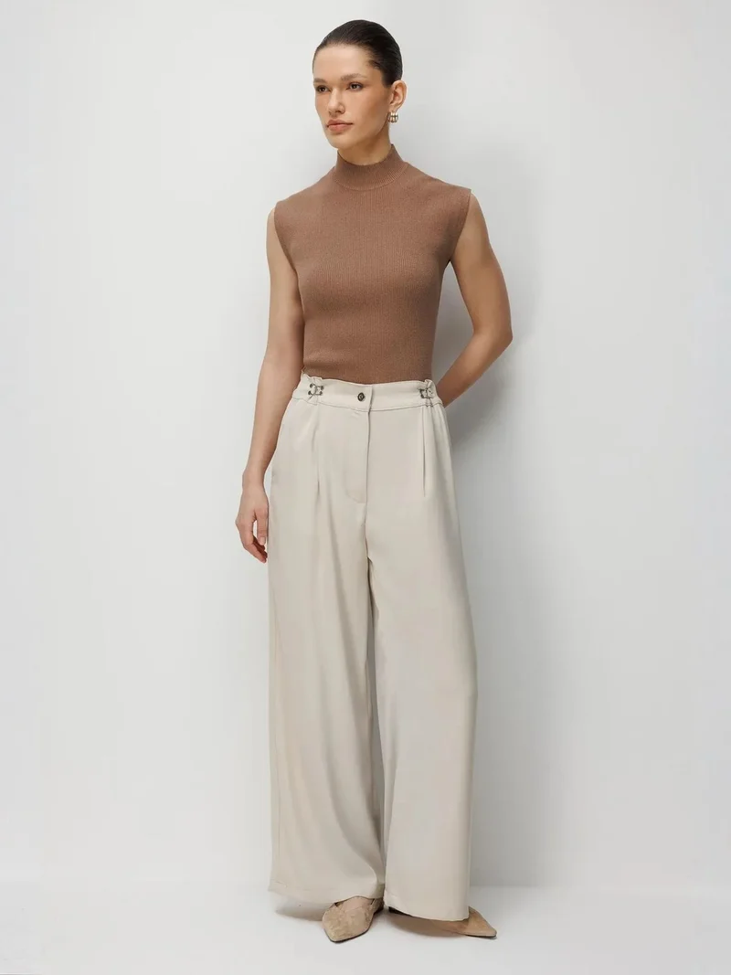 MixRay Stone Natural MIXRAY High Waist Wide Leg Pants with Accessory Detail for Women | Best Price UAE