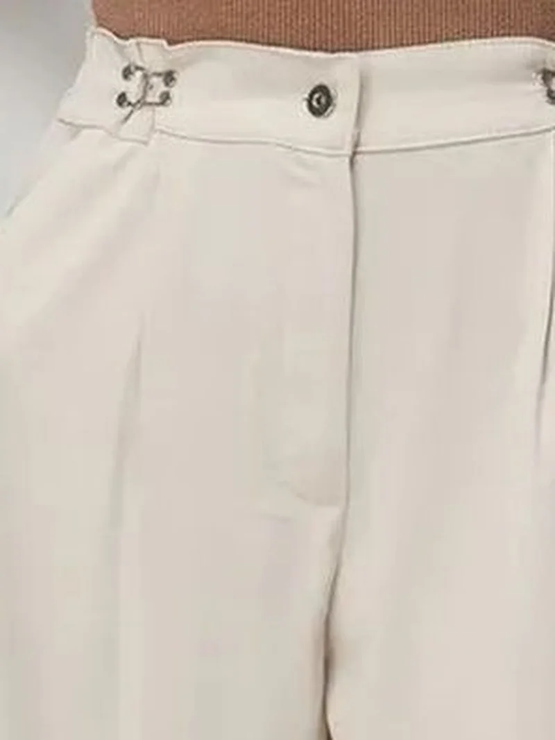 Mixray Stone Natural MIXRAY High Waist Wide Leg Pants with Accessory Detail for Women | Best Price UAE
