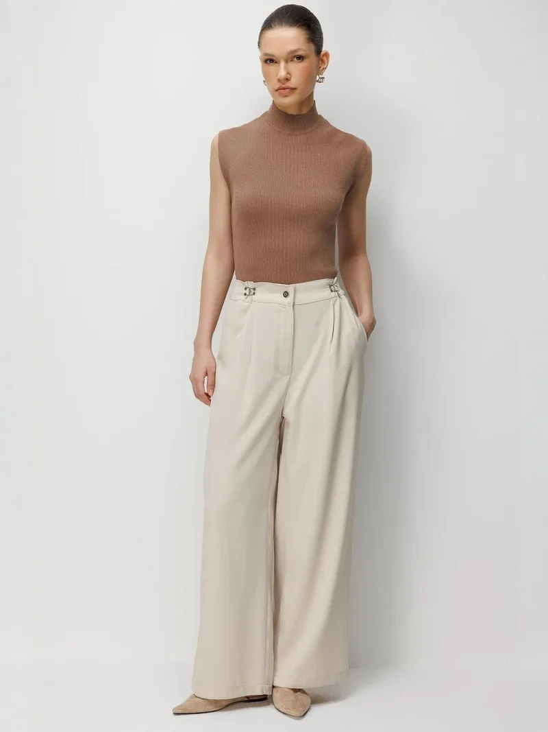 Mixray Stone Natural MIXRAY High Waist Wide Leg Pants with Accessory Detail for Women | Best Price UAE